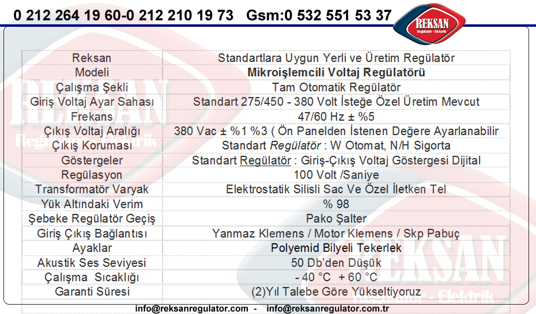 Reksan Trifaze Servo Regülatör Teknik Özellikleri